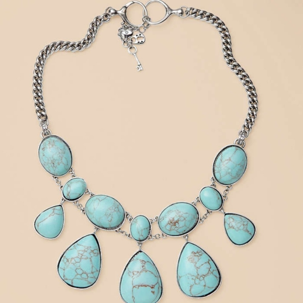 Fossil Faux Turquoise Teardrop Statement Silvertone Necklace NEW 16-1/2" + 2-" - Picture 2 of 6